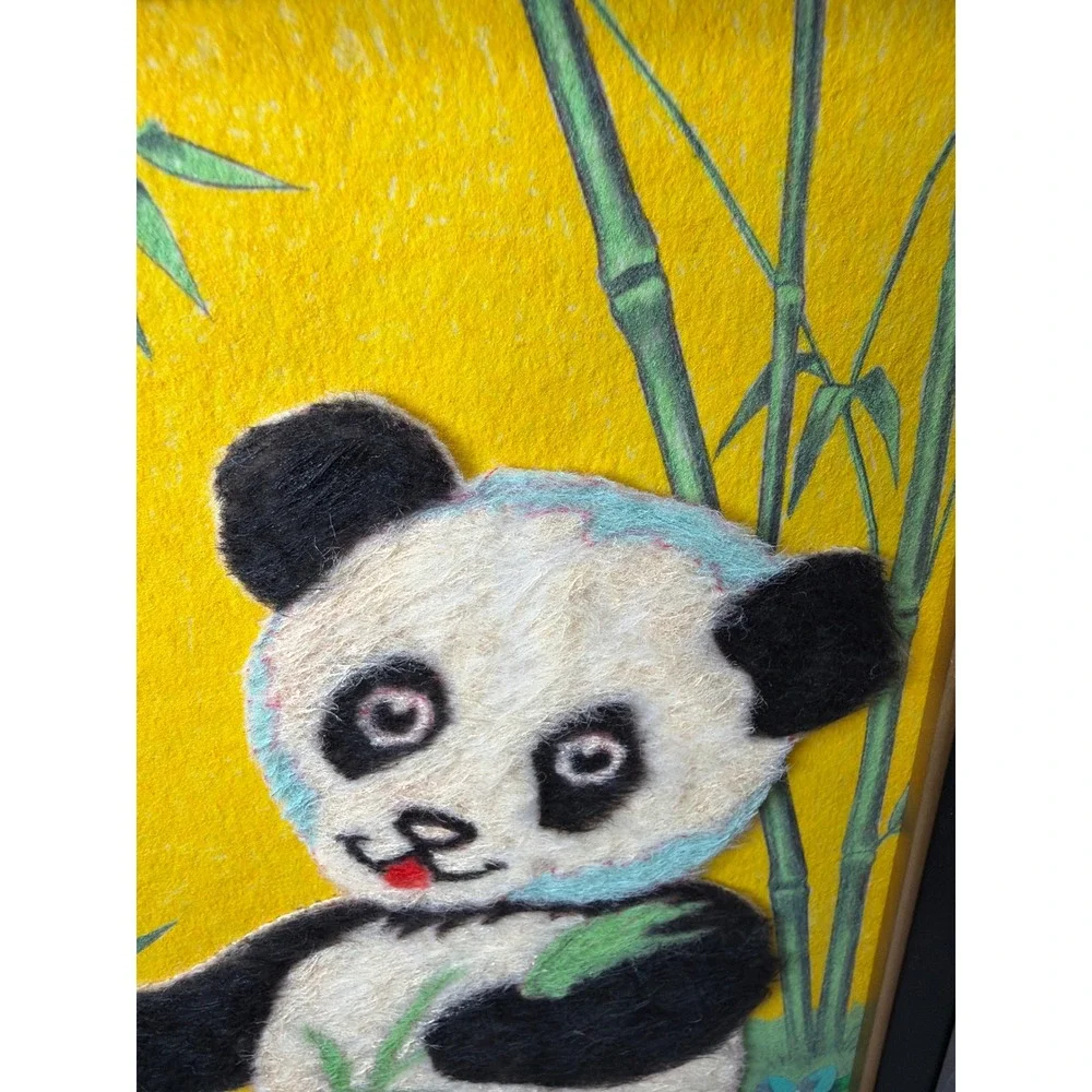 Vintage 60s Handmade Fuzzy Wall Art Kids 10x13 3D Fiber Panda Bunny Set of 2